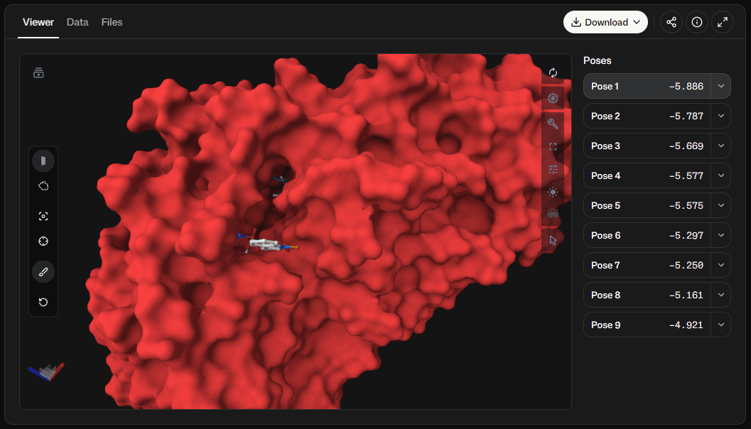 AutoDock Vina results on ProteinIQ showing the interactive 3D viewer of the receptor with a docked ligand pose next to the table of scored poses with binding affinity values in kcal/mol and downloadable pose files